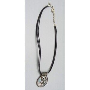 Chico's Gunmetal Gray Circle Tribal Pendant Black Leather Cord 21.5" Necklace